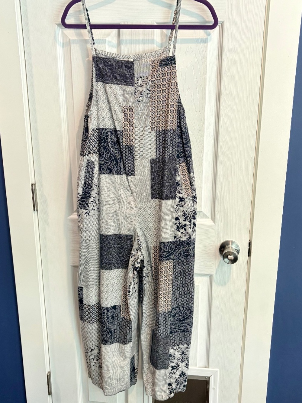 Blue Patchwork Wide Leg Cotton Jumpsuit Small